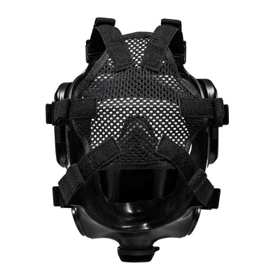 Head on shot of the rear, six point head harness of the CM-8M gas mask.