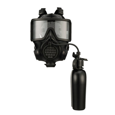 Head on shot of the CM-8M gas mask connected to the canteen through a tube.
