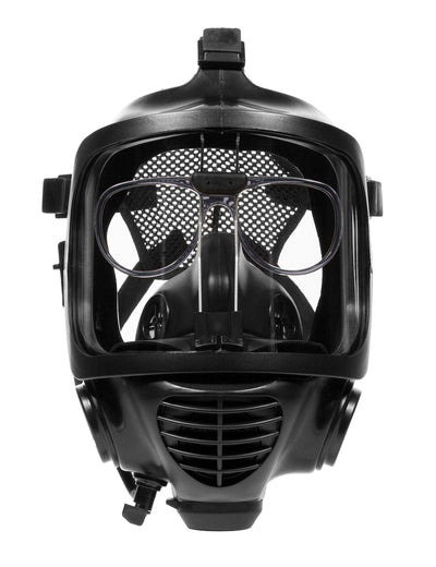 Front view of CM-6M tactical gas mask with the 3M spectacle insert