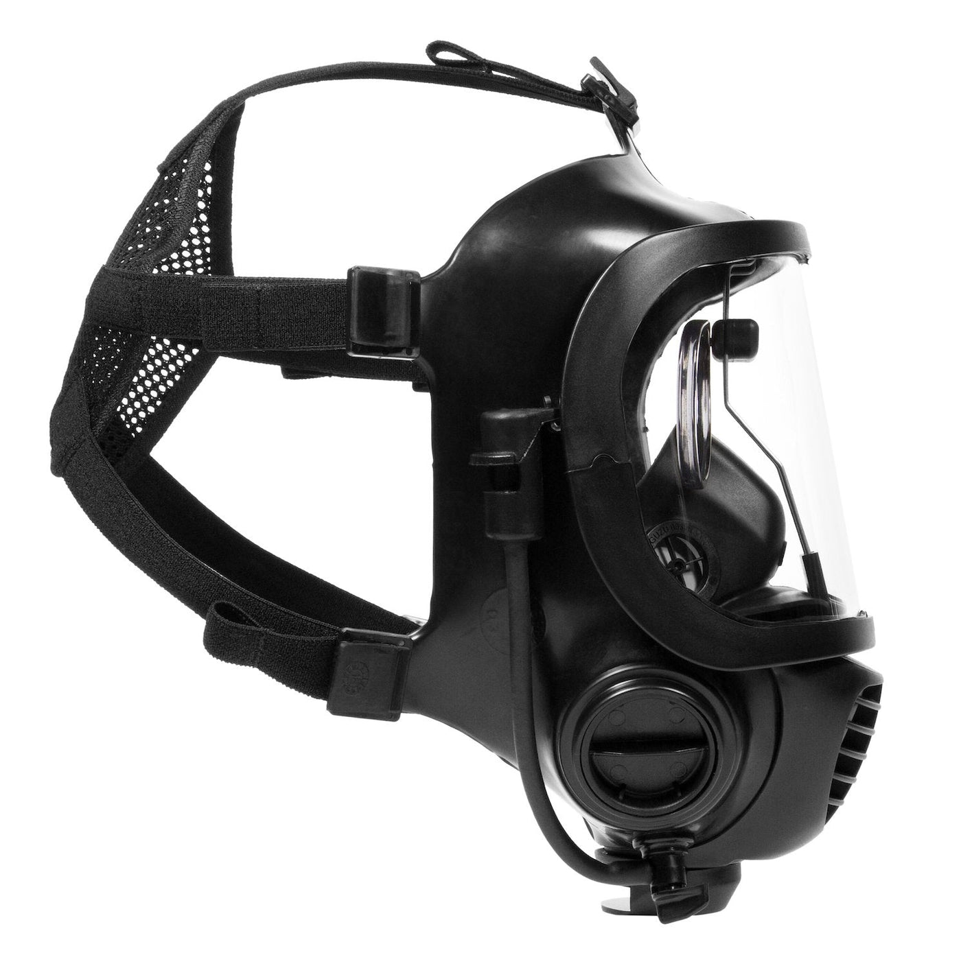 Side view of CM-6M tactical gas mask with the 3M spectacle insert