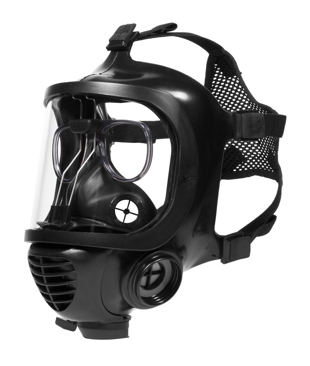 Three quarter view of CM-6M tactical gas mask with the 3M spectacle insert
