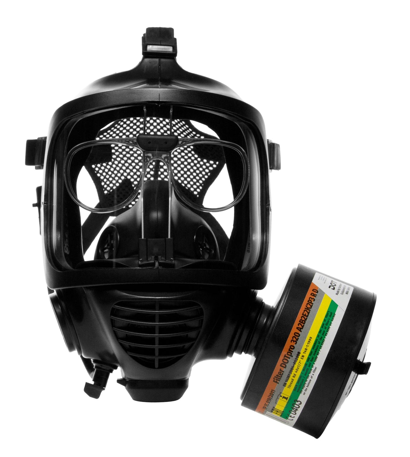 Front view of the CM-6M tactical gas mask with DOTpro 320 40mm gas mask filter