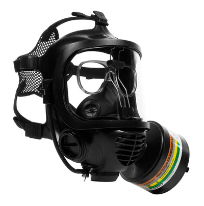 Three quarter view of the CM-6M tactical gas mask with DOTpro 320 40mm gas mask filter