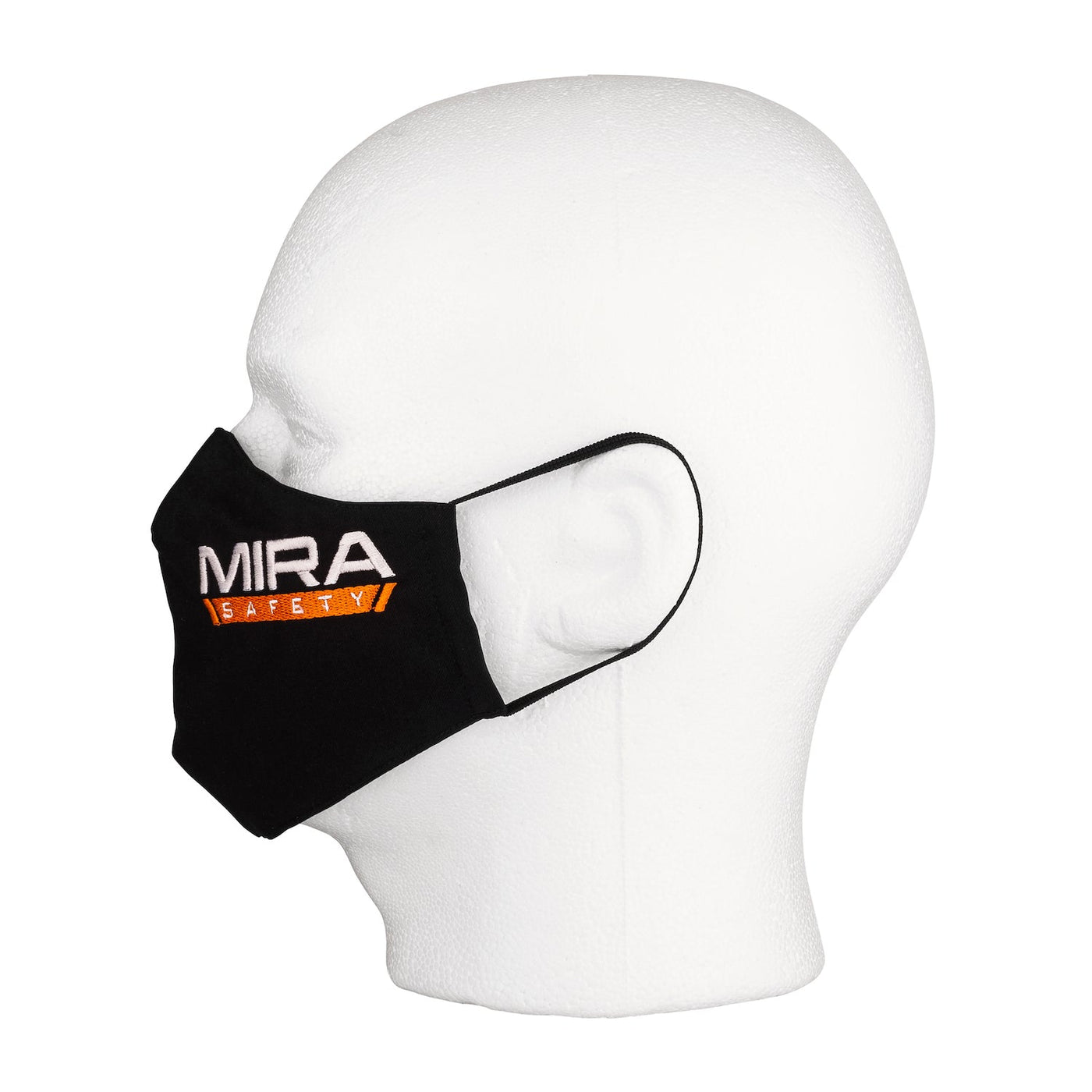 Side view of the MIRA Safety Mask with the classic logo on a mannequin head