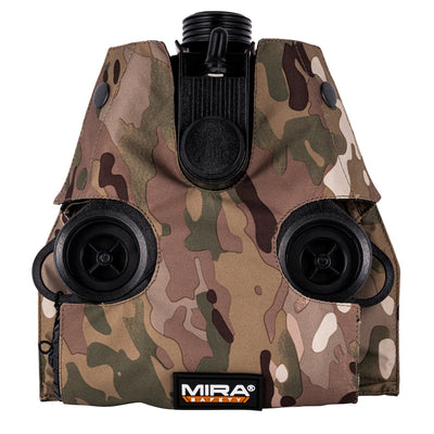 Front view of the MIRA Safety MB-90 MOLLE Pouch, with a PAPR installed, in MIRACAM