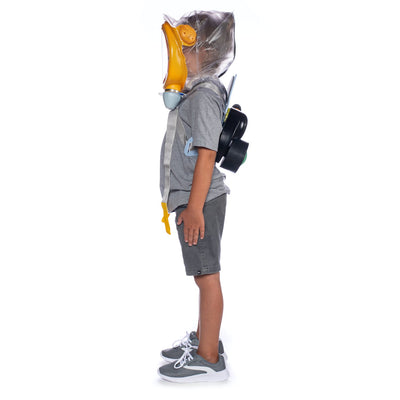 Child standing sideways while wearing the CM-3M Baby Gas Mask