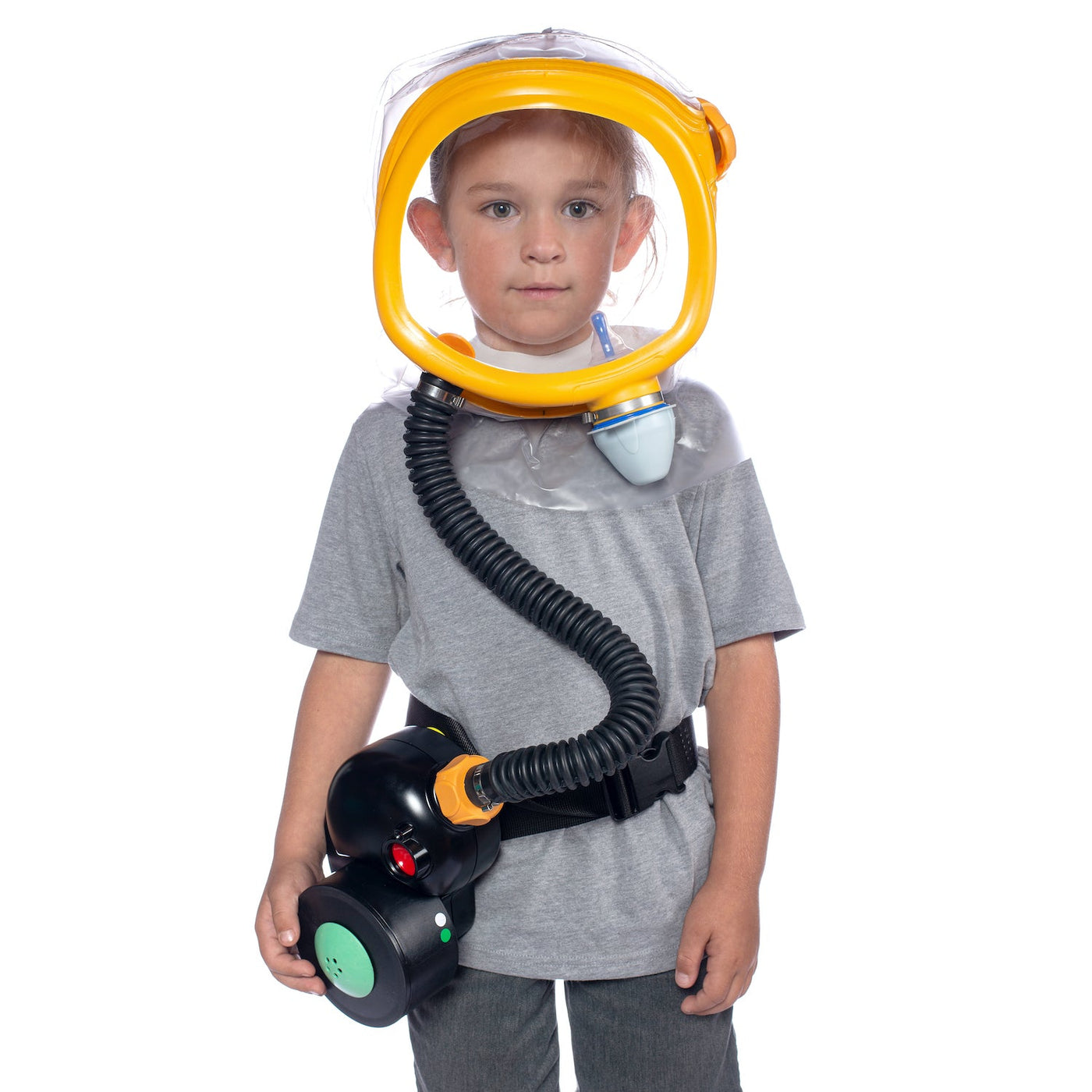 Child wearing the CM-3M Kid's Gas Mask with a PAPR system strapped to his hip