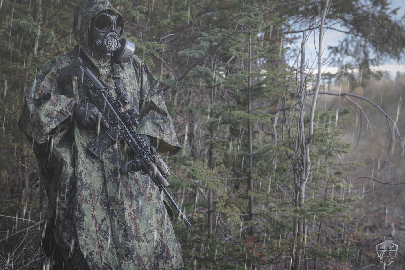 Solider wearing the M4 CBRN Military Poncho in the rain
