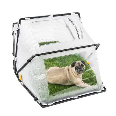 Side view of a pug inside of the CBRN Animal Ark Dog Gas Mask