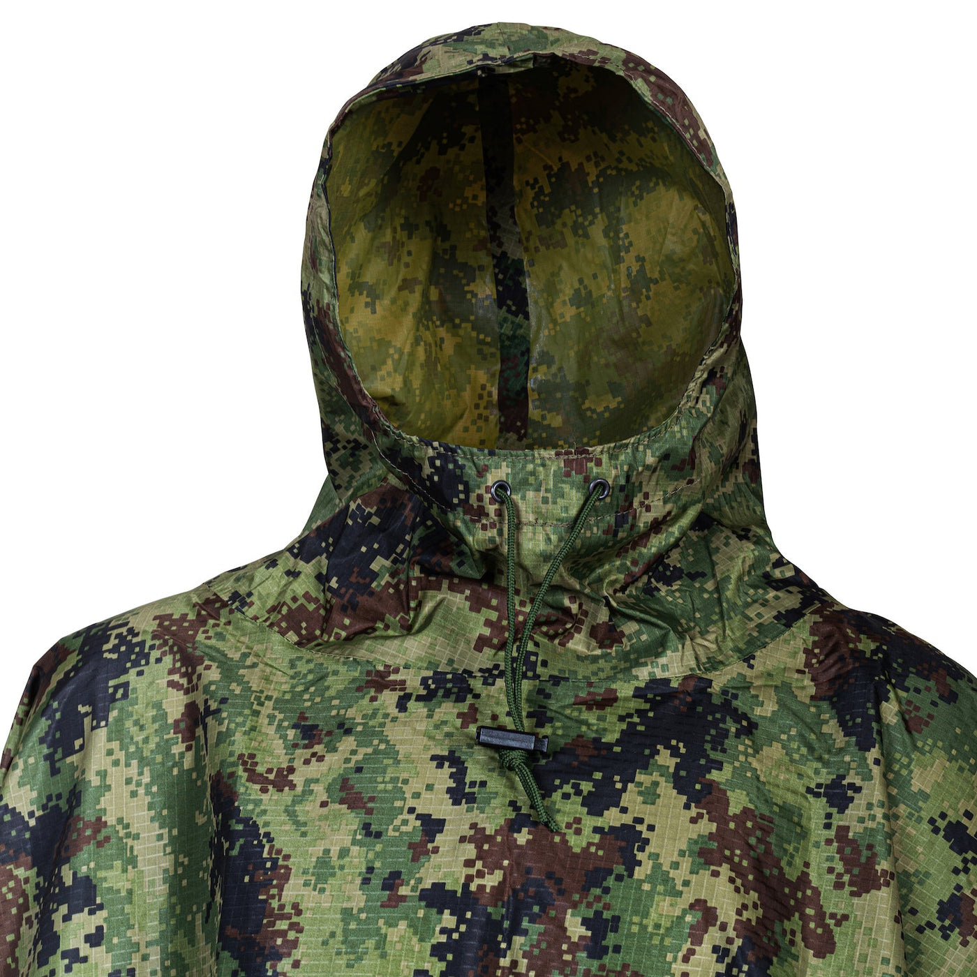Close up of the hood of the M4 CBRN Military Poncho in the M-MDU-10 color scheme 