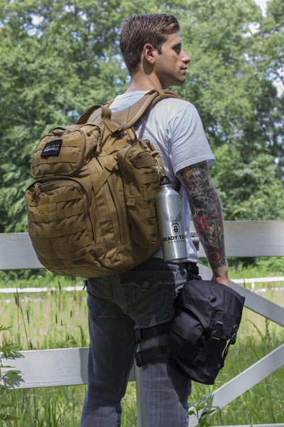 Man wearing a backpack, along with the MIRA Safety Nuclear Survival Kit